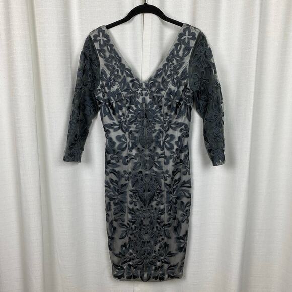 Sue Wong Nocturne Grey Ribbon Embroidered Sheath Cocktail Dress Sz.2 - Picture 1 of 14
